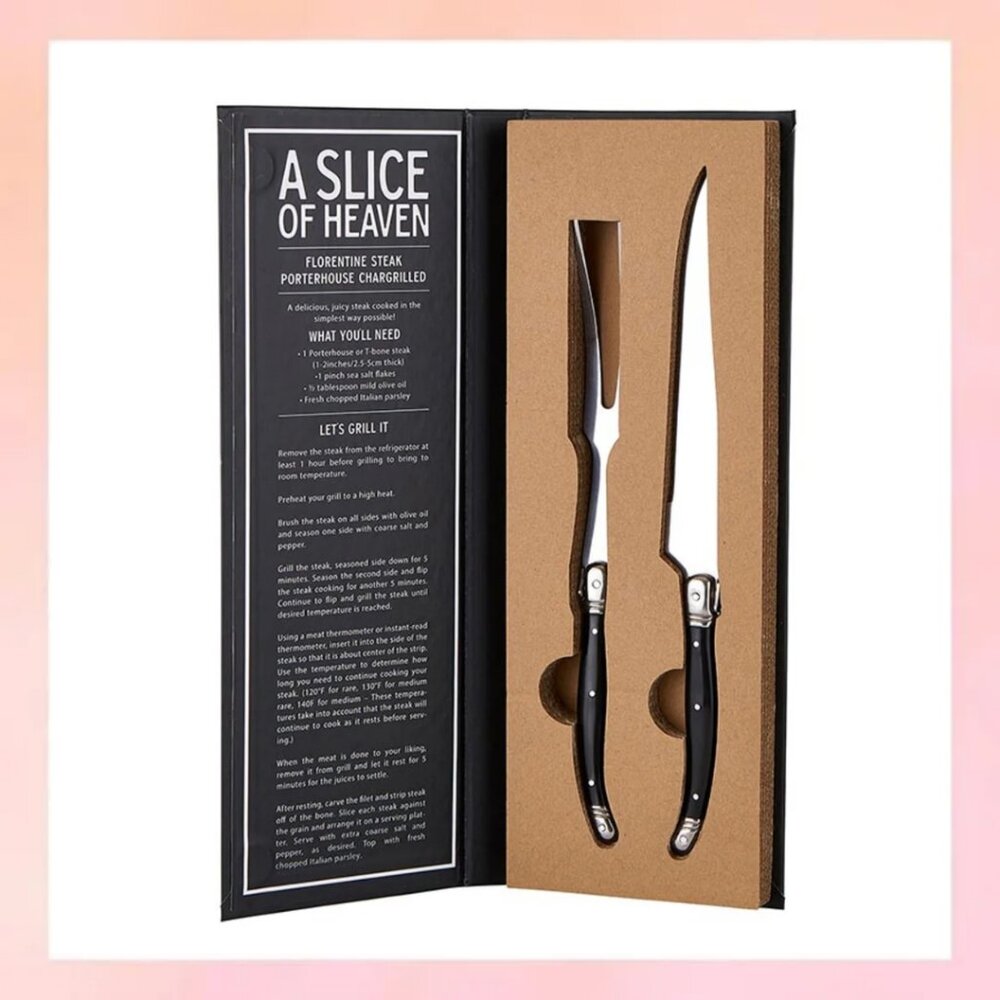 French Style Steak Knife Set of 2 | Black Handle Carving Knives Gift Box